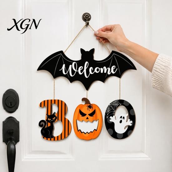 Wall Hanging Party Decoration Halloween BOO Door Sign, Spooky Bat Welcome Wooden Ghost Pumpkin Rustic Board Black Cat Hanger Ornaments for Front