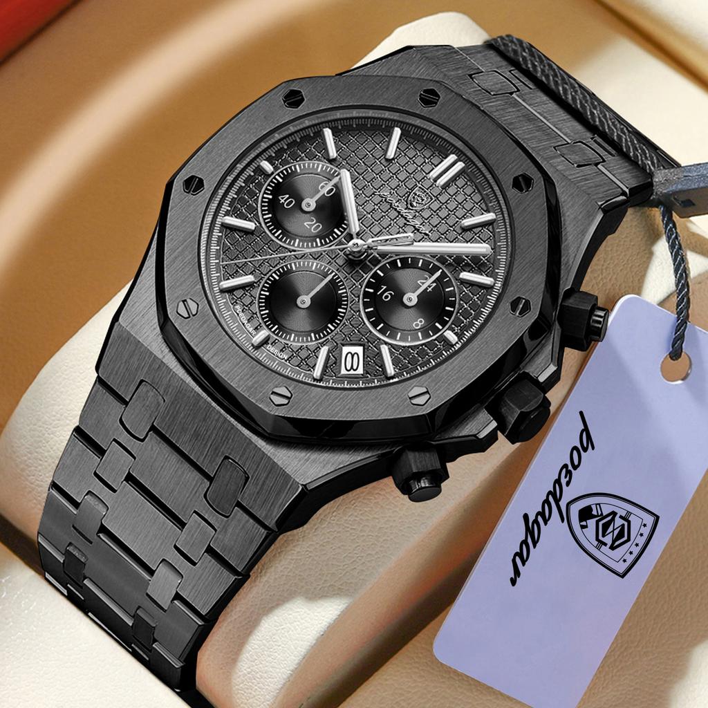 POEDAGAR Luxury Men's Watches Stainless Steel Date Chronograph Male Watch Waterproof Luminous Military Quartz Wristwatch
