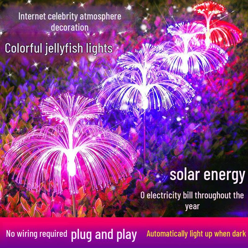 Decorative Solar Garden Light with Fiber Optic Jellyfish Design for Landscapes, Five-Layered Jellyfish String Light.