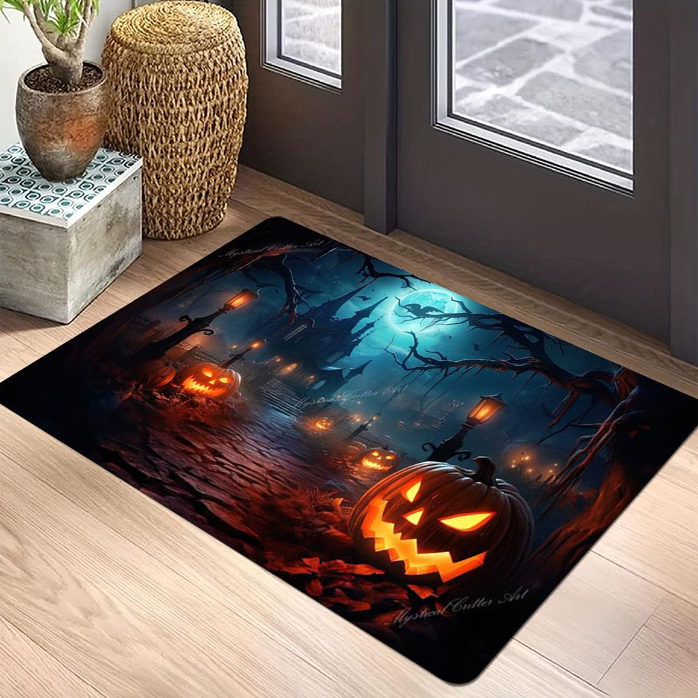Helovino rašto durų kilimėlis Ryškūs moliūgų ir mėnesienos dizainai su šikšnosparniais ir bauginančiais medžiais Neslystantis grindų kilimėlis namų dekoravimui
