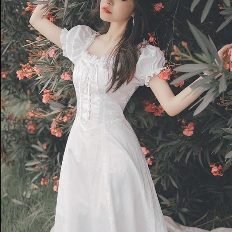 Buy Elegant Fairy Dress Women White French Puff Sleeve Chiffon