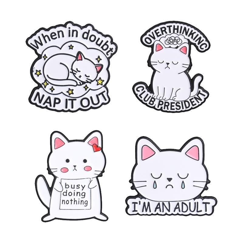 White Cats Enamel Pins Funny Overthinking Club President Brooches Badges Cute Cartoon Moody Animal Jewelry Gift for Friends