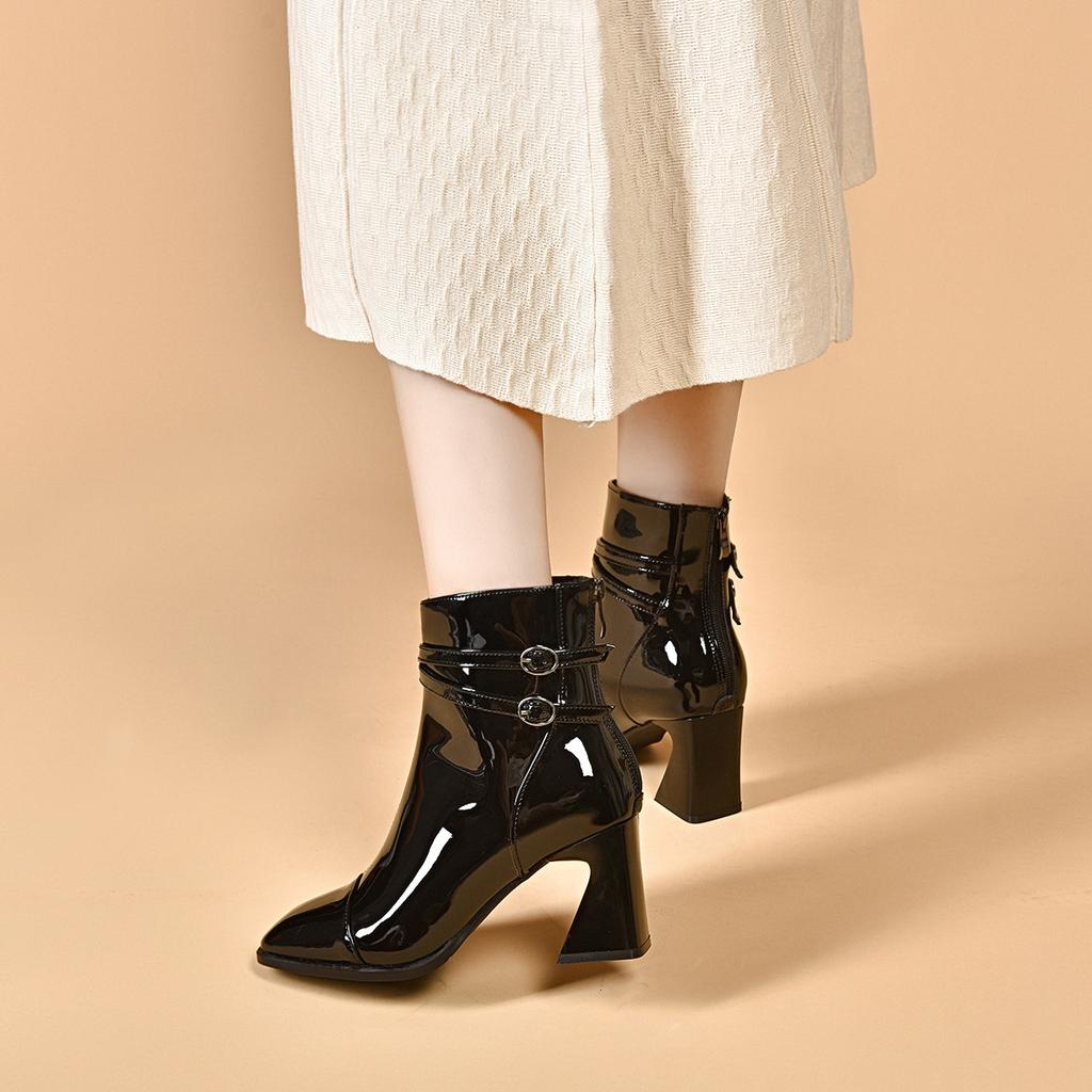 High-heeled Women's Boots Autumn and Winter New Square-headed Horseshoe Heel Fashion Boots Belt Buckle Short Boots Leather Boots