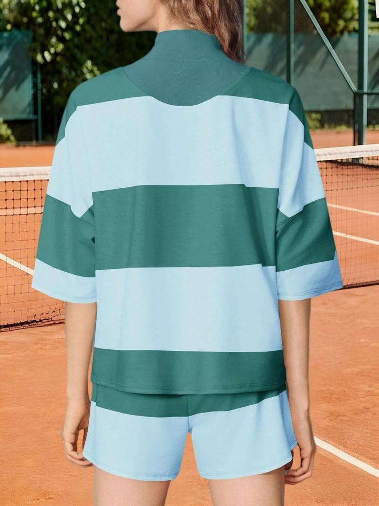 Women's Two Piece Striped Sweatshirt and Shorts Set Summer Matching Lounge Tracksuit