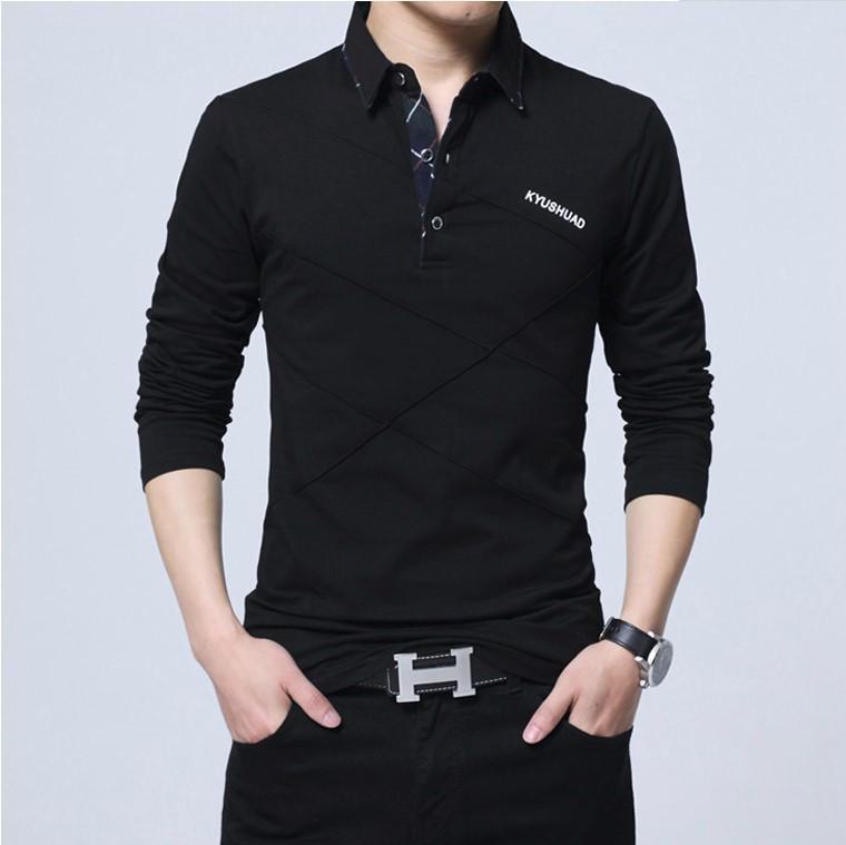 Men's Long-Sleeve Striped Polo Shirt - Plush Autumn/Winter Top