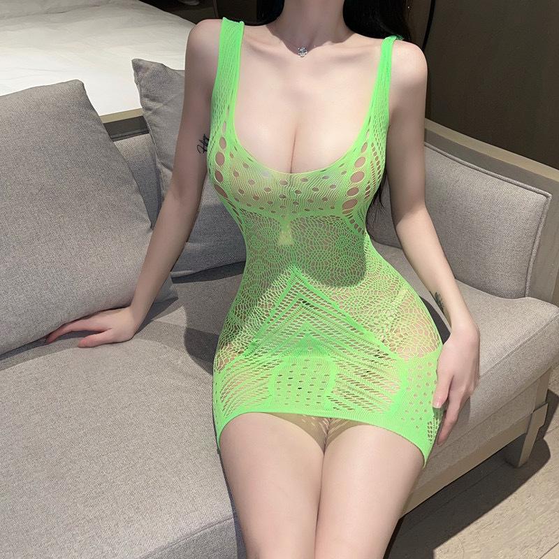 European/American Sexy Backless Fishnet Bodysuit: Camisole Lingerie with Checkered Polka Dot, Hollowed-Out Bodycon, and Buttock-Wrapping Skirt.