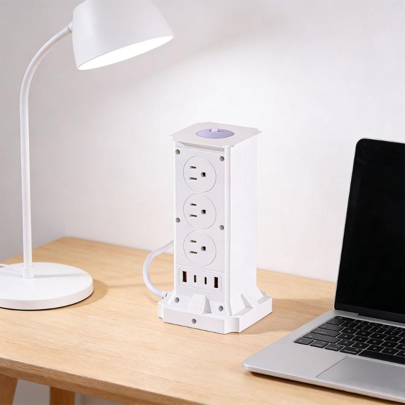 Electrical Outlet Tower With 6 Receptacles Narrow Profile For Home Workplace Area Efficient Plastic Build Secure And Extended