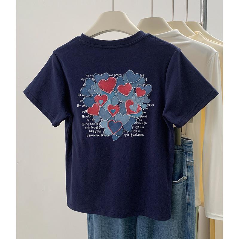 

Women s Summer Heart Print Crew Neck T-Shirt - Korean Style Niche Design, Slim Fit, Short Sleeve. Double Extra Large