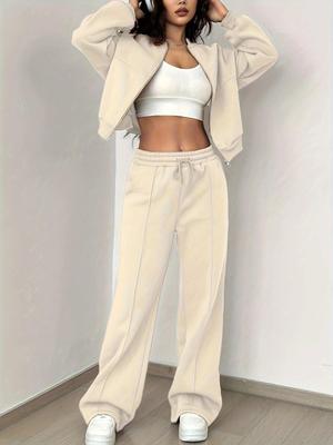 Women's European & American Casual Sports Set: Cardigan Sweatshirt & Wide-Leg Sweatpants
