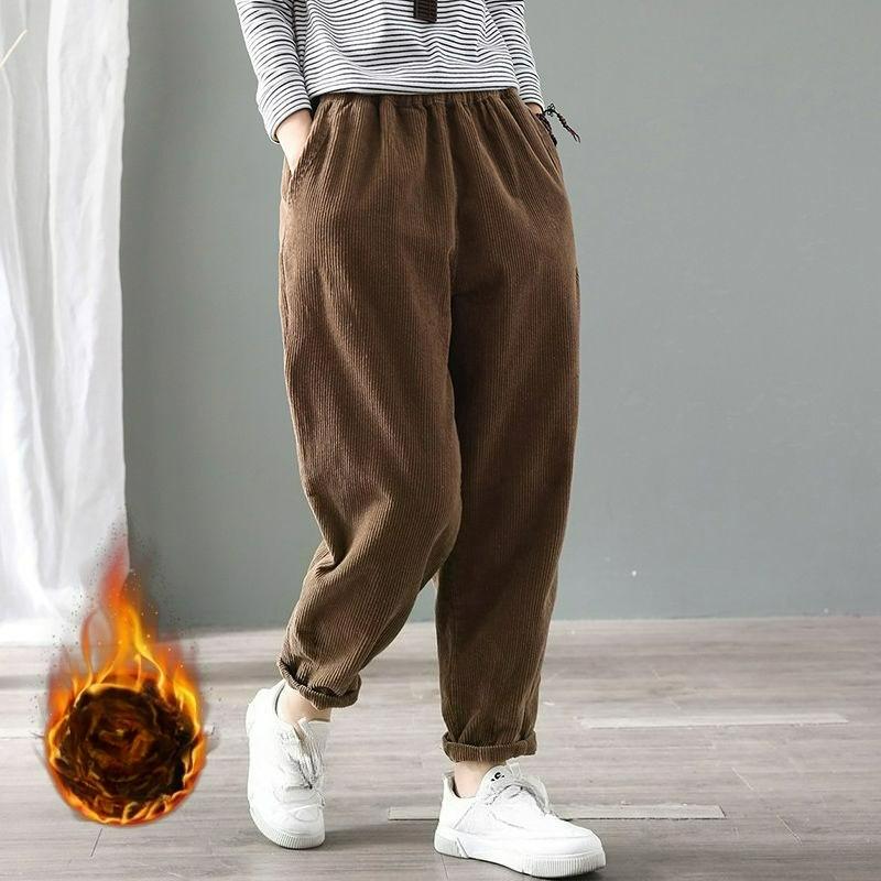 Corduroy Pants Women's Autumn and Winter Loose Large Size Plus Velvet Thickened Radish Velvet Casual Harlan Trousers