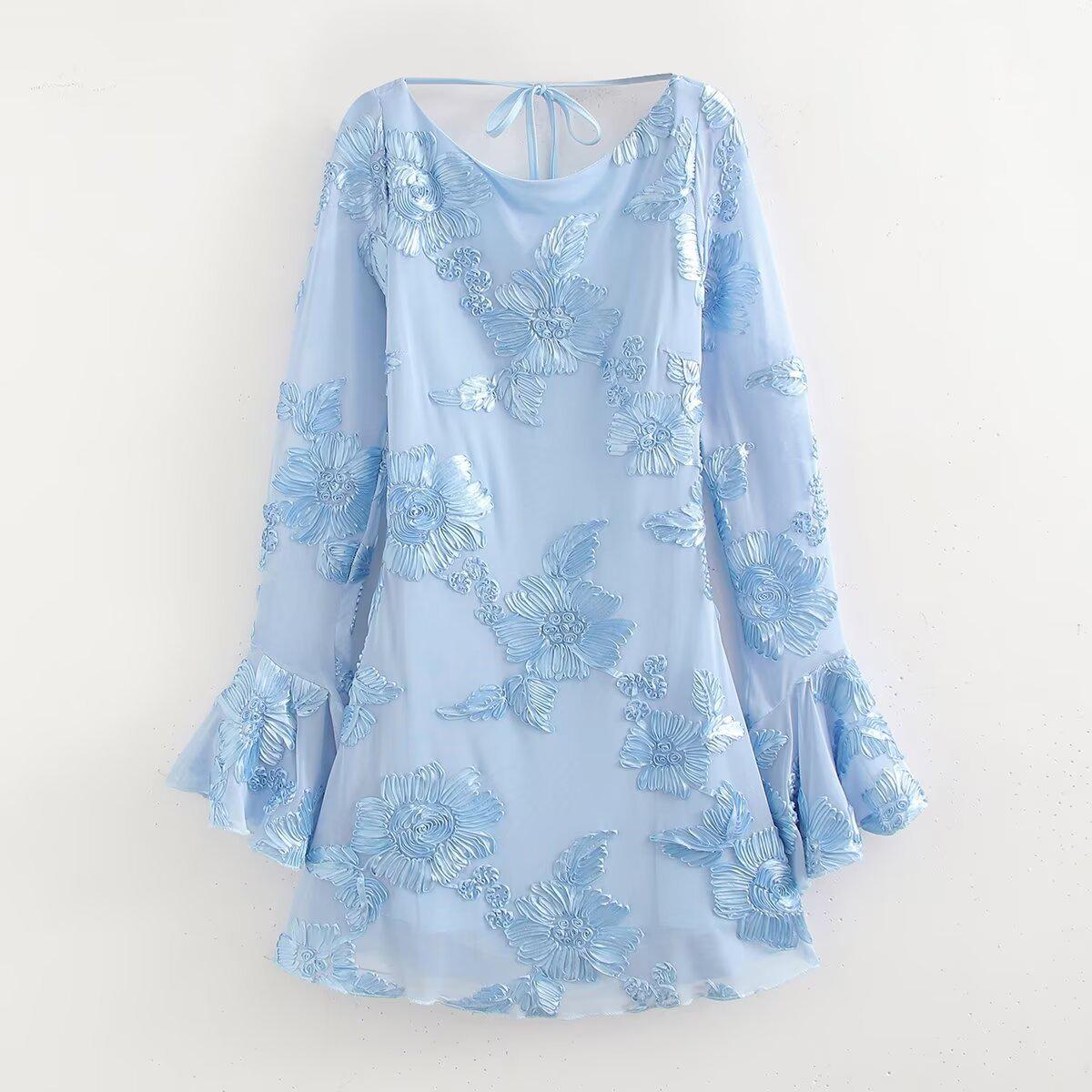 

Зимнее женское платье с открытой спиной и длинными рукавами в европейском и американском стиле, украшенное 3D цветочной сеткой L синий