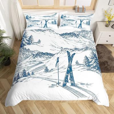 Skiing Sports Duvet Cover Queen Size for Kid Teen Winter Sport Ski Theme Comforter Cover Set Microfiber Snow Mountain Landscape