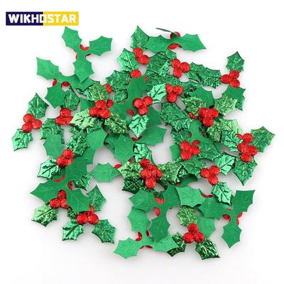 100pcs Table Decoration Holly Berries and Leaves Appliques for Christmas Decoration Stick-on DIY Laser Green Color