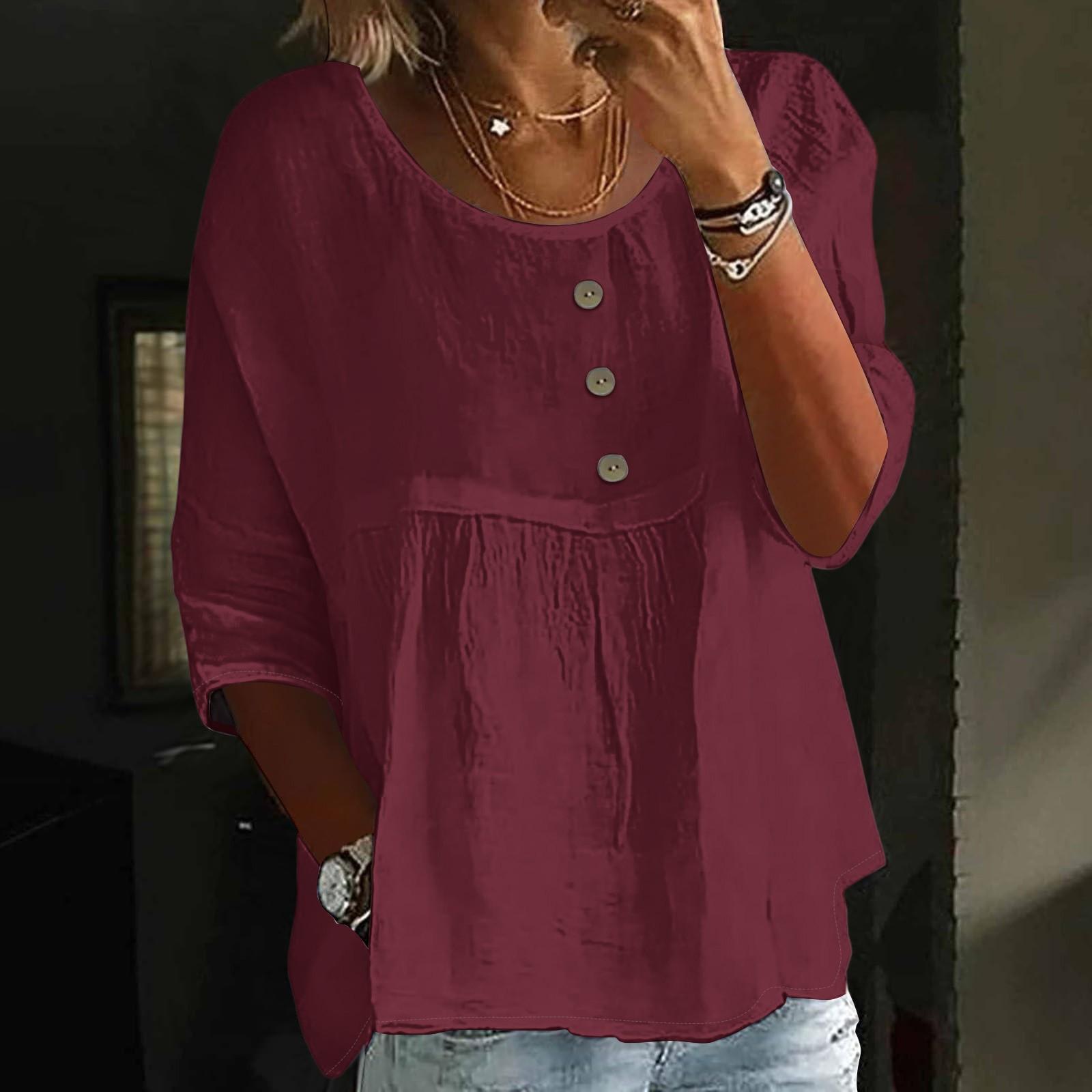 

Женский повседневный модный топ с рукавом три четверти, свободного кроя, с круглым вырезом и пуговицами, однотонный M винный