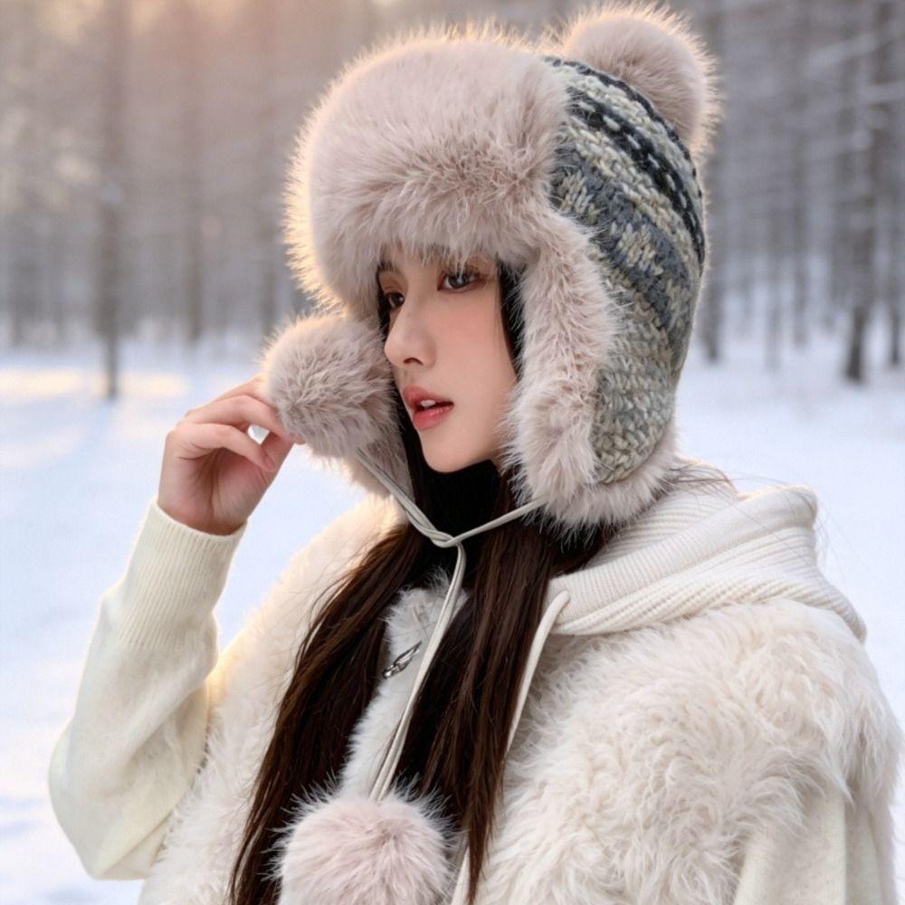Pom Poms Knitted Trapper Hat 55-58cm Head Circumference Winter Hat Ushanka Hat Outdoor Activities