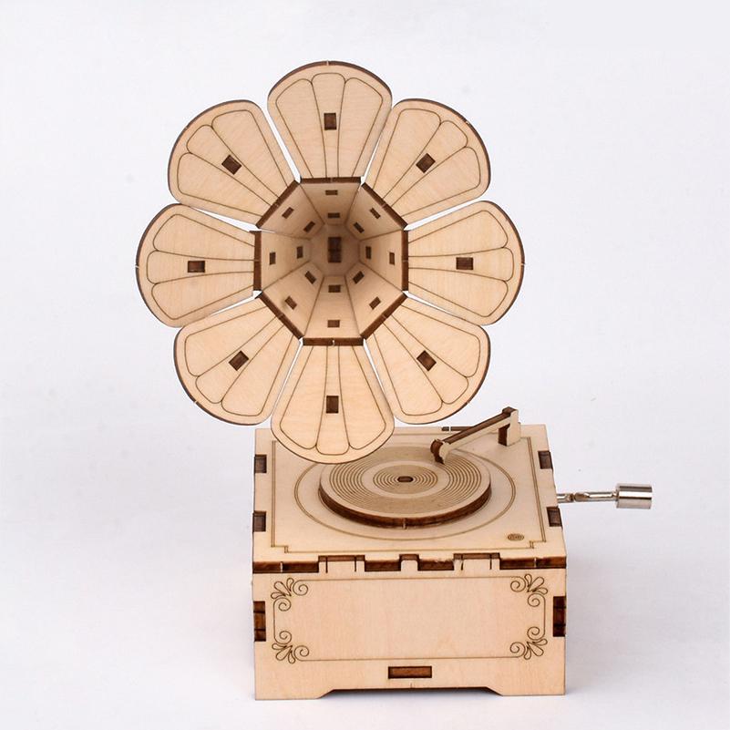 3D Wooden Jigsaw Puzzle Phonograph Music Box, DIY Petal Trumpet Model, Wind-up Music Box, Retro Music Gift Assembly Kit