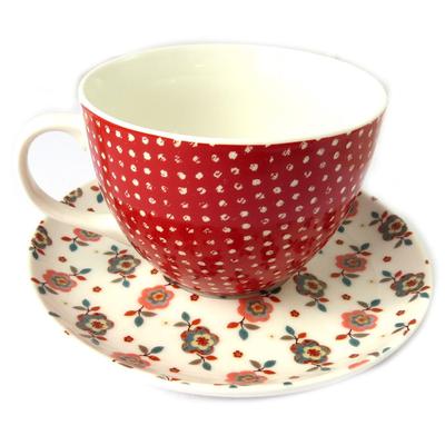 [N8497] - Cup + Saucer 'Vintage Design' Red Beige Liberty - Cup 11x7 Cm