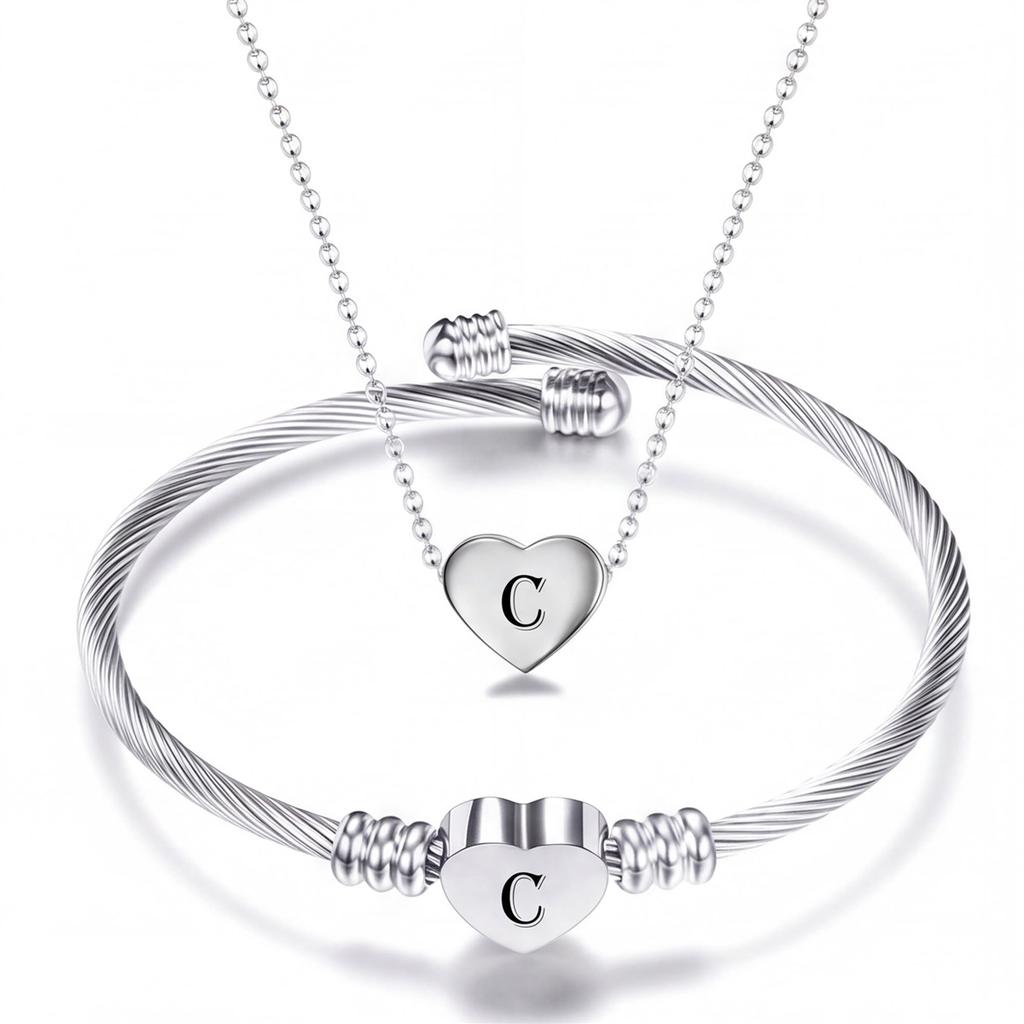 Diy 26 Letters Fadeless Stainless Steel Heart Pendant Necklace Bracelet Set For Women