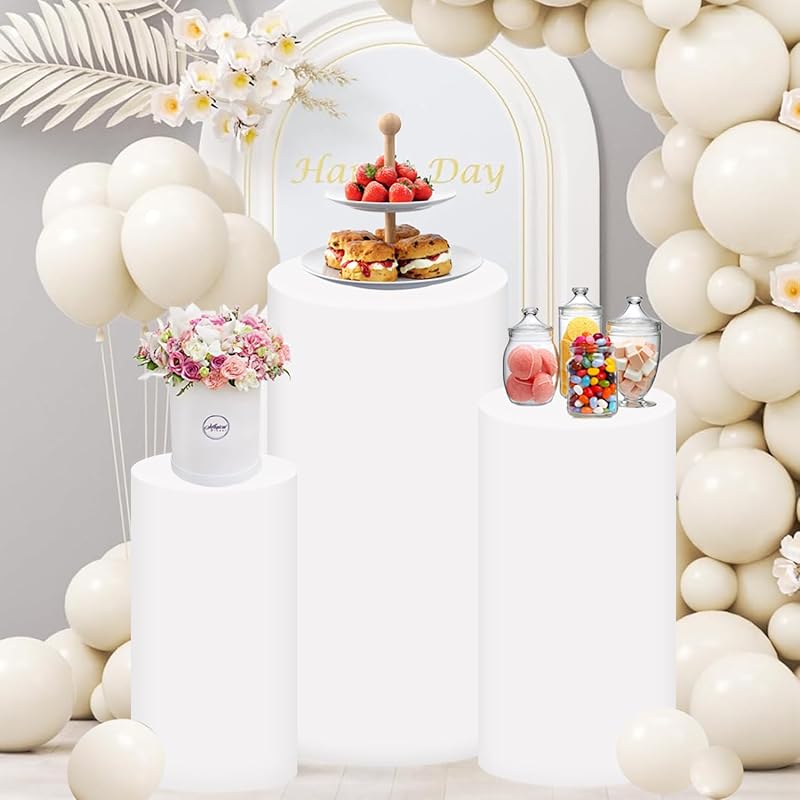 Комплект из 3 белых чехлов на цилиндрический постамент, чехлы на цилиндрический постамент из спандекса, чехлы на колонны для вечеринки, чехлы на подставку-витрину для цилиндрического постамента Set of 3