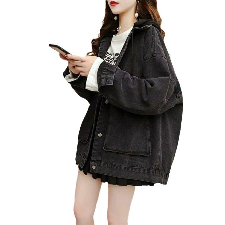 Denimjacka med huva för kvinnor Koreansk stil Lös Ny mode Mångsidig Retro Topp