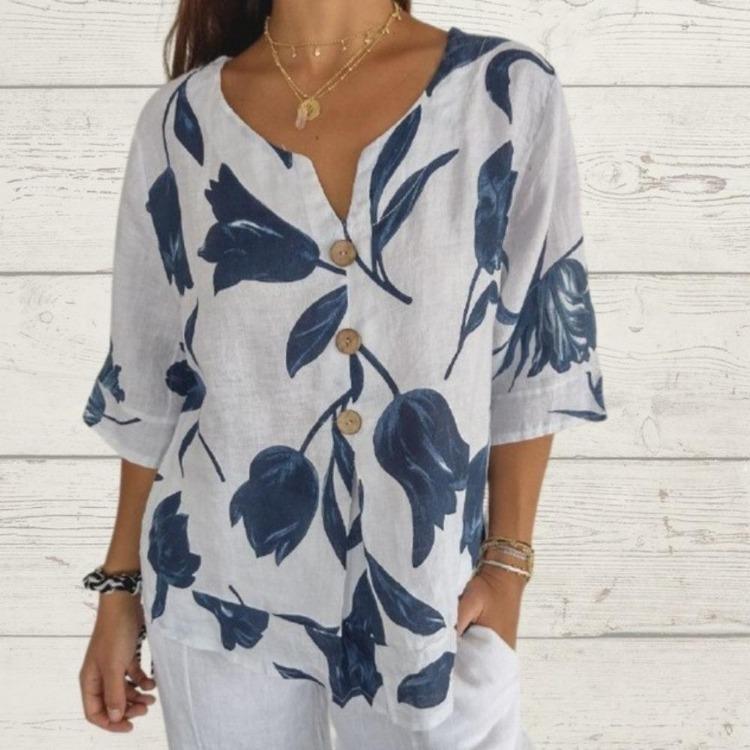 Women Casual Summer Floral Print V Neck Short Sleeve Blouse Fashion Top S белый