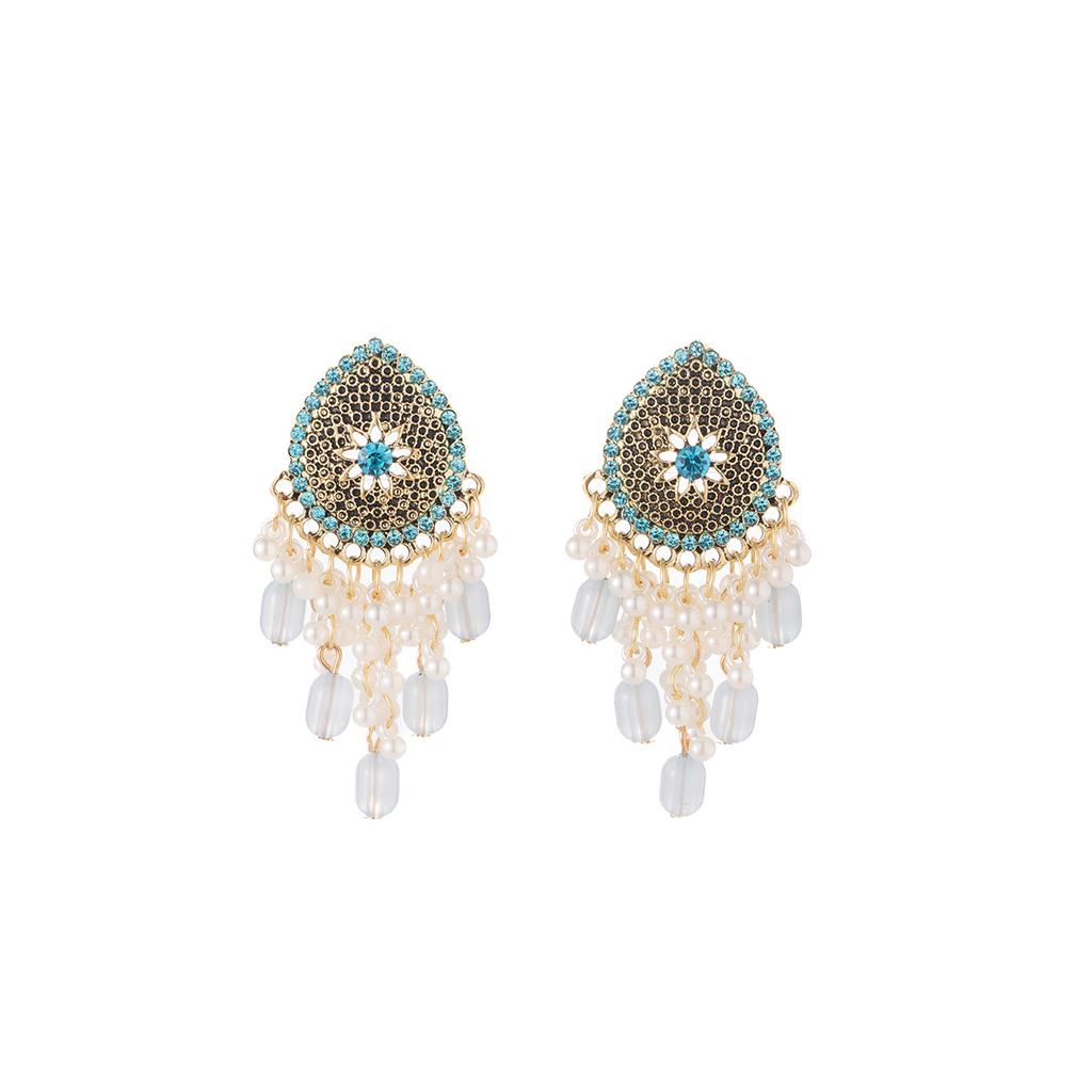 Diamond Drop Fringed Pearl Earrings Retro Bohemian Ethnic Stud Earrings Light Luxury Temperament Earrings