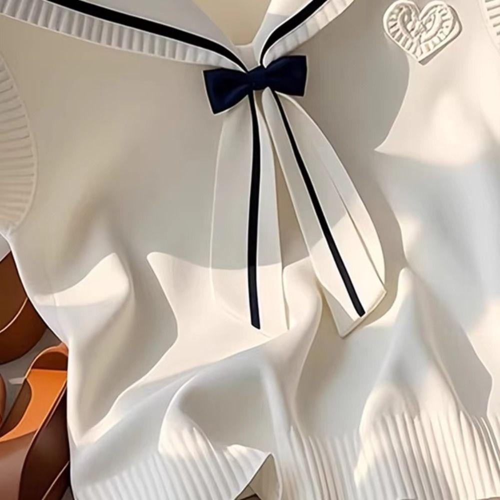 Commute Style Sweet Sailor Collar Top Vintage Design Chic Bow Top New Waistcoat  Summer