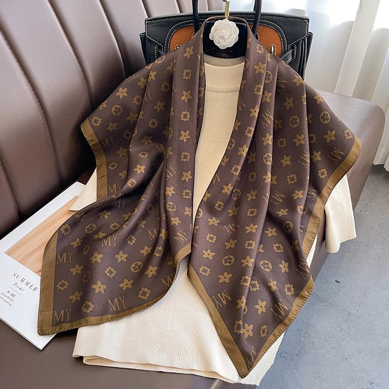 Women's Silk Scarf Korean New Houndstooth Fashion 91 Large Square Scarf for Women, Faux Silk Scarf, Long Shawl with Headband, and Bag