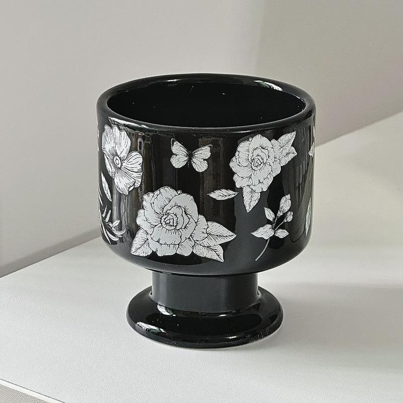 Retro Camellia Black and White Goblet Niche Ceramic Mug Coffee Dessert Water Cup Souvenir Gift Birthday