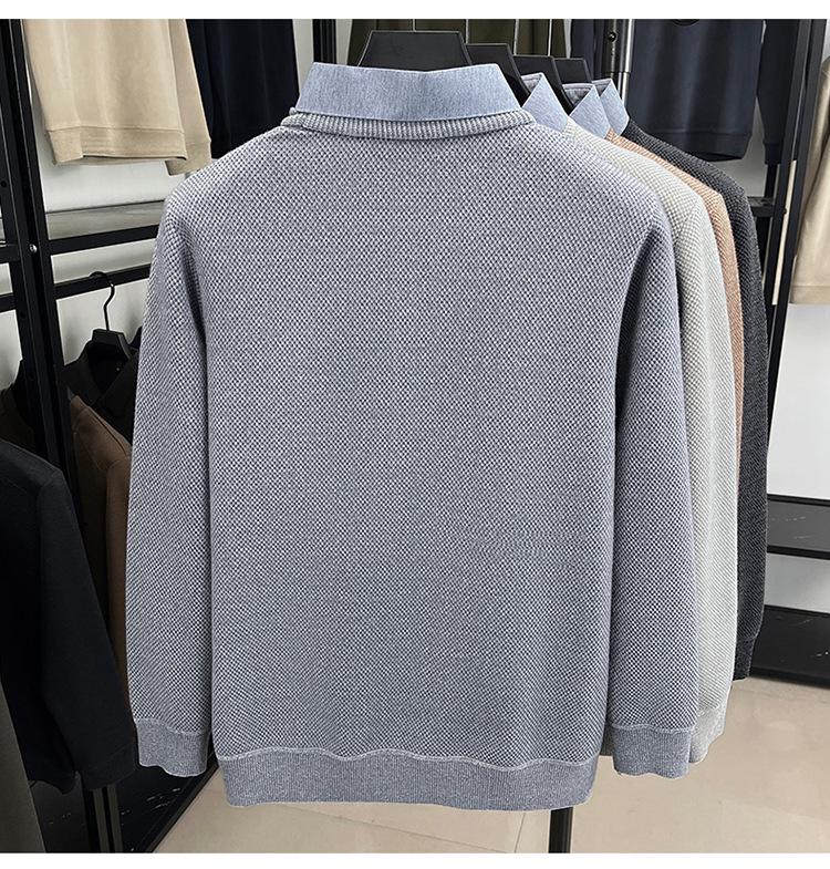 Men's Autumn/Winter Fleece-Lined Two-Piece Look Sweater with Business Shirt Collar