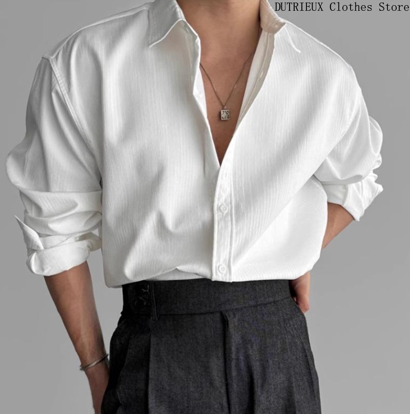 Hoge Kwaliteit Heren Business Casual Overhemden High-End Textuur Effen Kleur Overhemden Ademend Losse Overhemden met Lange Mouwen voor de Lente