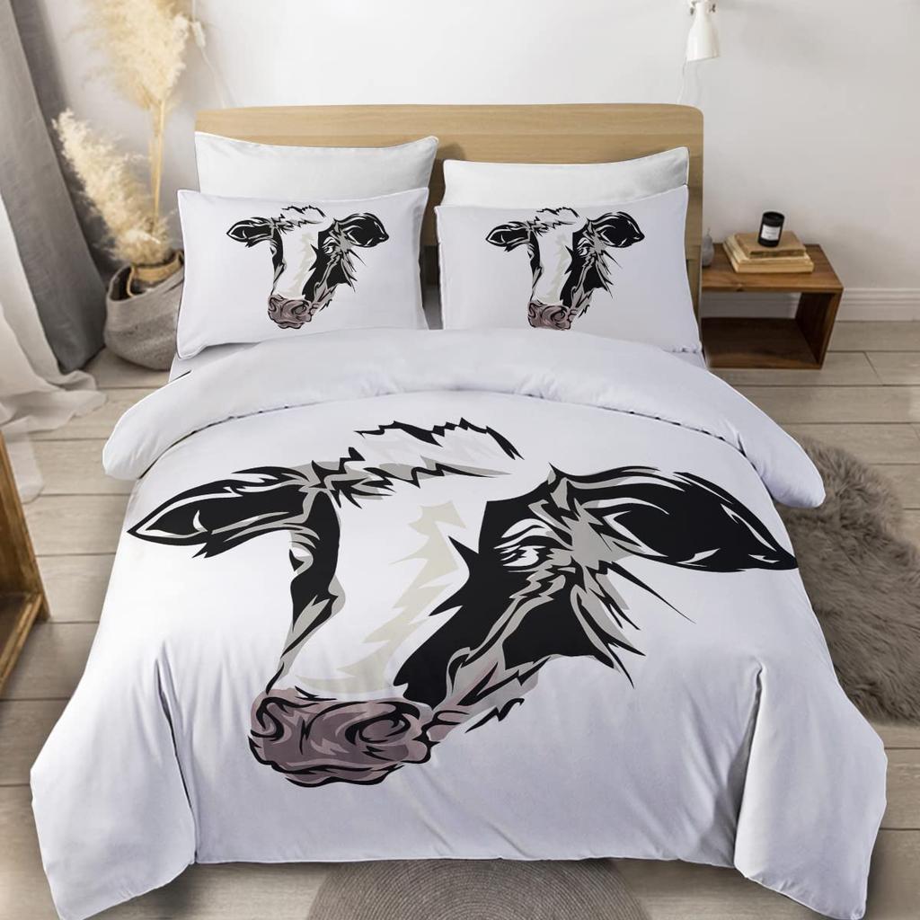 Farmer Cow Print Duvet Cover Set Oil Painting Cow Bedding Set Vintage Animals Dog Pig Chicken Printed Comforter Cover Full Size