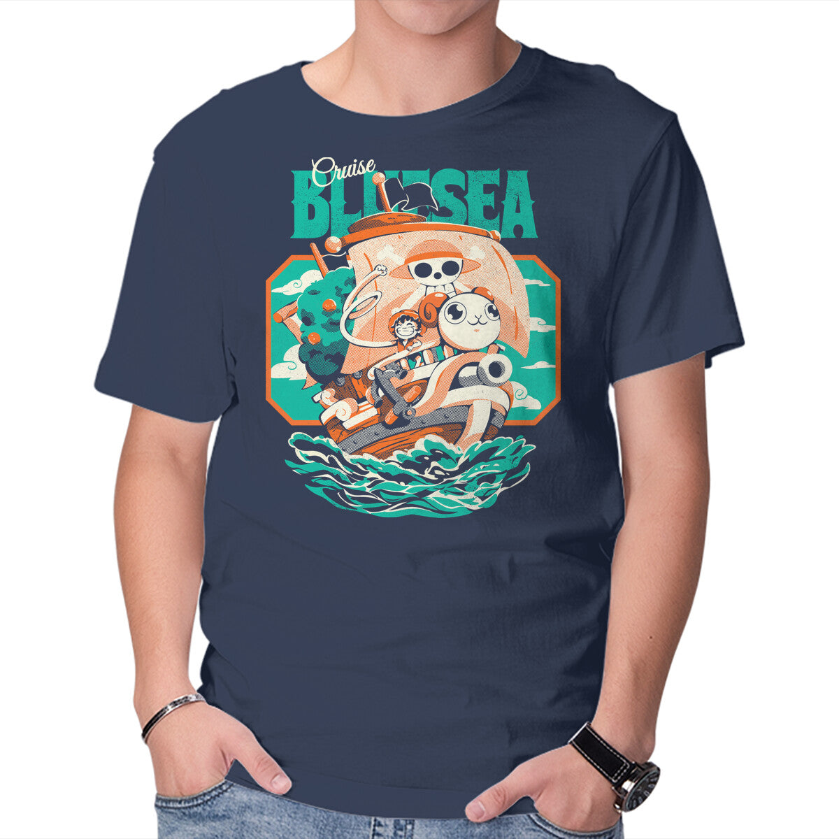 Unisex Crew Neck T-Shirt Blue Sea Cruise Graphic Short Sleeve Casual Tee S