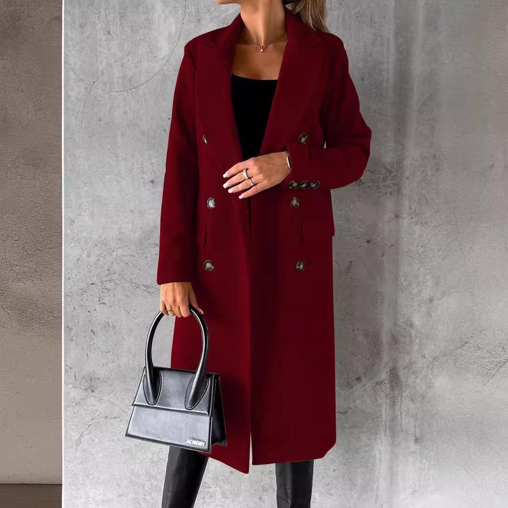 Women's Spring 2025 Versatile Woolen Double-Breasted Long Sleeve Coat with Welt Pockets