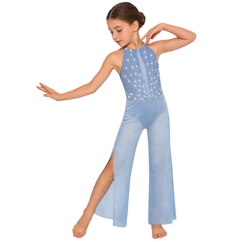 Mädchen Strass Glitzernder Body Ärmellos Schlüsselloch Rücken Tanz Jumpsuit