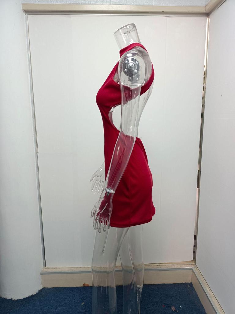 Άνοιξη/Καλοκαίρι Φθινόπωρο/Χειμώνας Νέο γυναικείο σέξι φόρεμα με ψηλό λαιμό με κούφιο στήθος με ανοιχτή πλάτη Τσάντα στη μέση