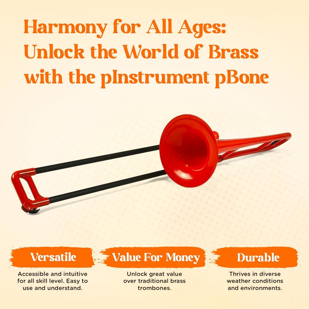 pInstruments pBONE Tenor Trombone in Lightweight and Durable ABS with Antibacterial Red Mouthpiece and Carrying Bb, Bio-Coated Coating, PBONE1R,