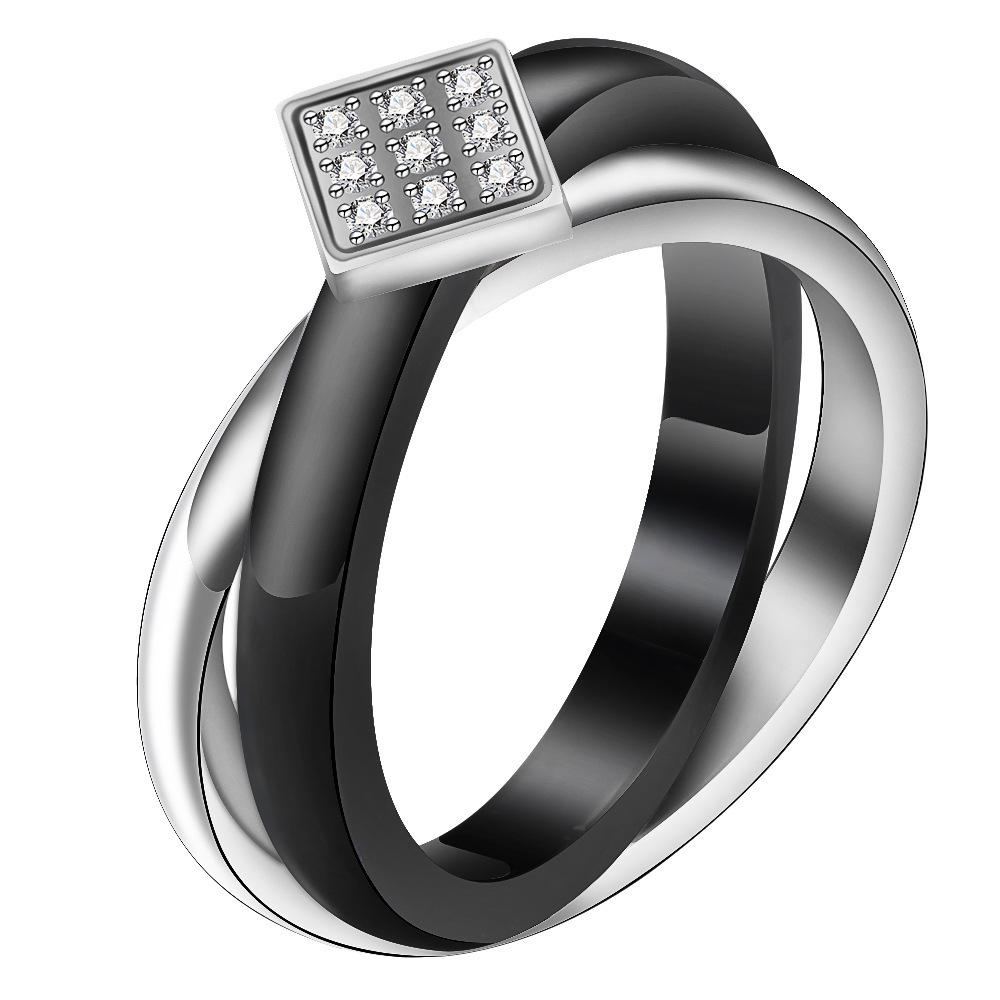 European & American 7MM Zirconia Inlaid Stainless Steel Black Silver Ceramic Women's Ring
