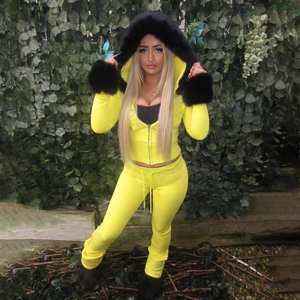 2025 Fall/Winter European Furry Hoodie & Rhinestone Sweatpants Set