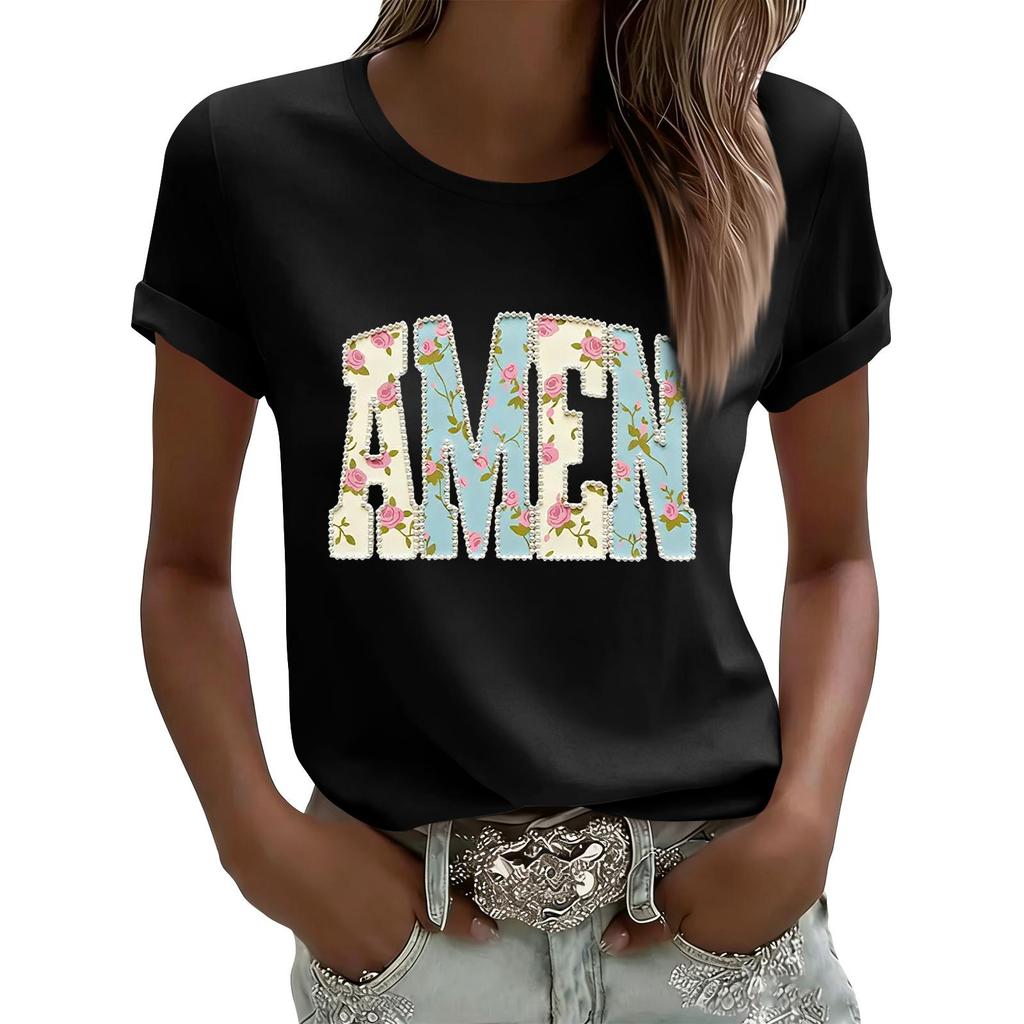 Women's Casual Printed T-Shirt Round Neck Pullover Short Sleeve Top