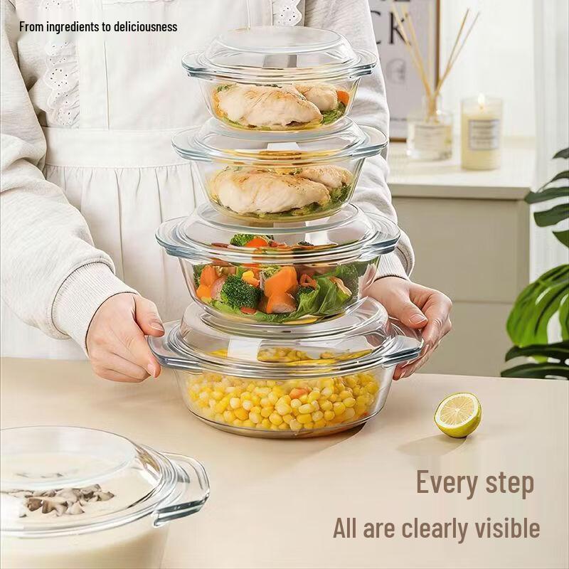 Microwave-Safe Borosilicate Glass Bowl with Lid & Double Handles
