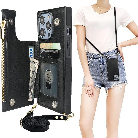 Bocasal Crossbody Wallet Case for iPhone 14 Pro with RFID Blocking Card Slot Holder, Magnetic Flip Folio Purse Case, PU Leather Zipper Handbag with