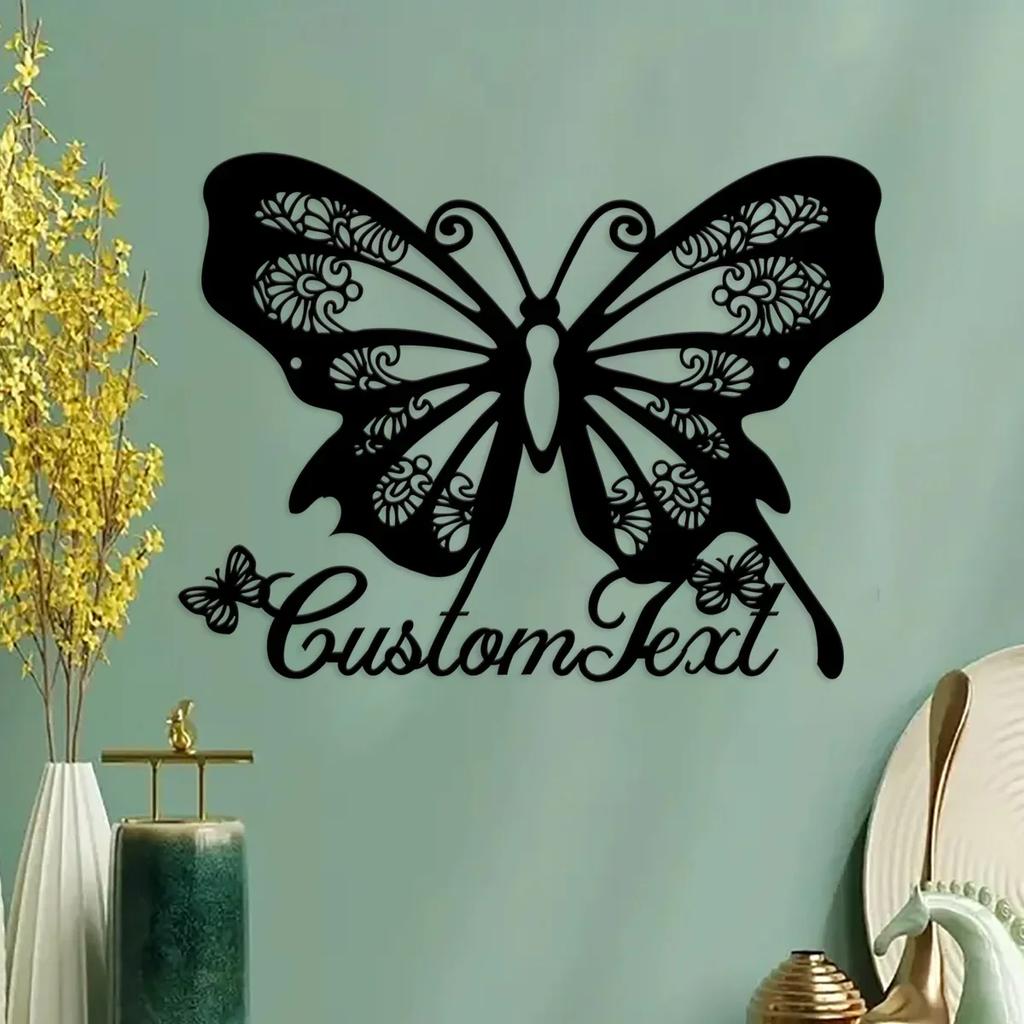 Butterfly Metal Wall Sign, Personalized Name Plate, Floral Garden Decor, Mother's Day Gift, Custom Wall Art