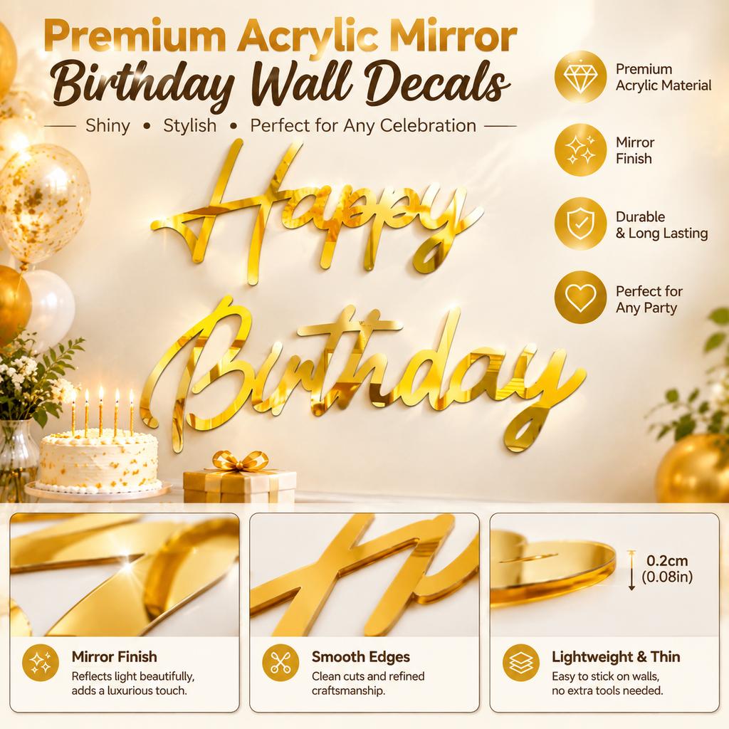 Acrylic Mirror Finish Happy Birthday Wall Decals Set