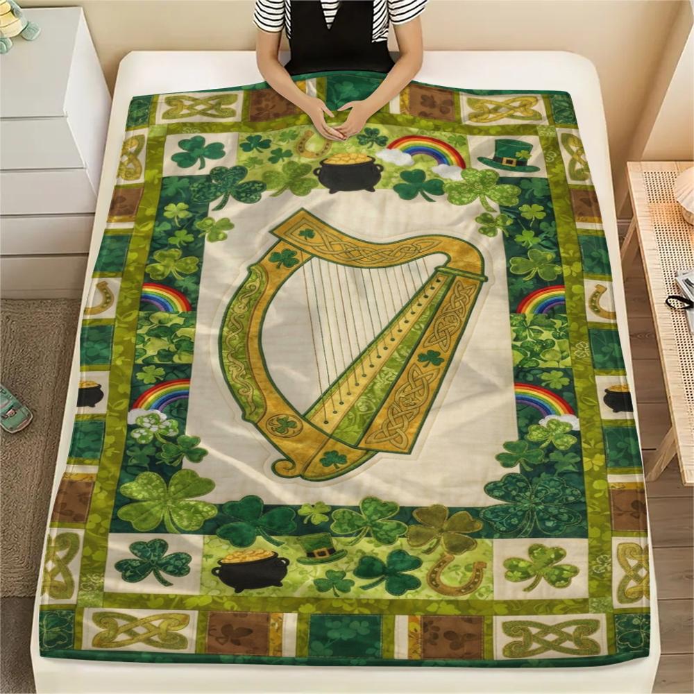 1Pc St.Patrick's Day Print Flannel Blanket, High quality Comfortable for All Seasons, Home Decor, Warmth and Comfort, Perfect for Christmas Gifts W73