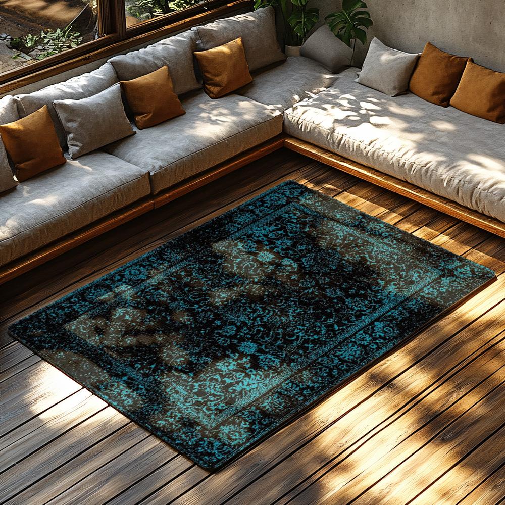 Navy Blue Geometric Bohemian Rug, Modern Pattern Non-Slip Carpet, Cozy Living Room Mat for Scandinavian Decor