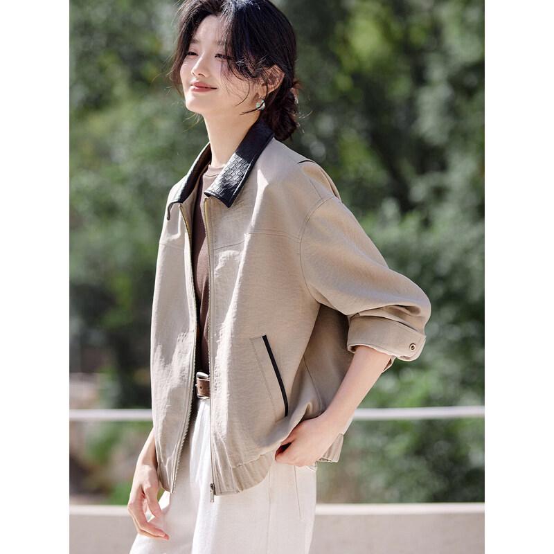 Mohan Yimei Women s Woven Leather Lapel Boxy Short Coat XL