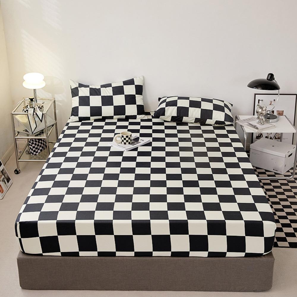 Checkered Pattern Fitted Bed Sheet Elastic Band Breathable Mattress Cover Washable All-inclusive Mattress Protector Bedroom