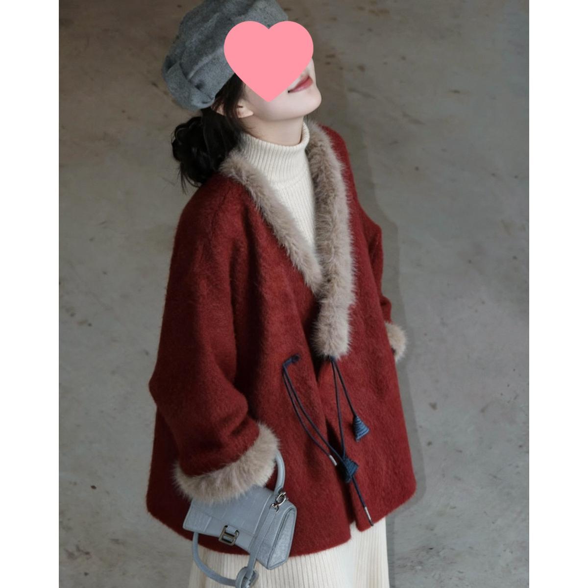 

Women s 2026 Spring Red Woolen Coat with Fur Collar - Stylish New Year Battle Robe XL (for 57.5-65 kg) червоний