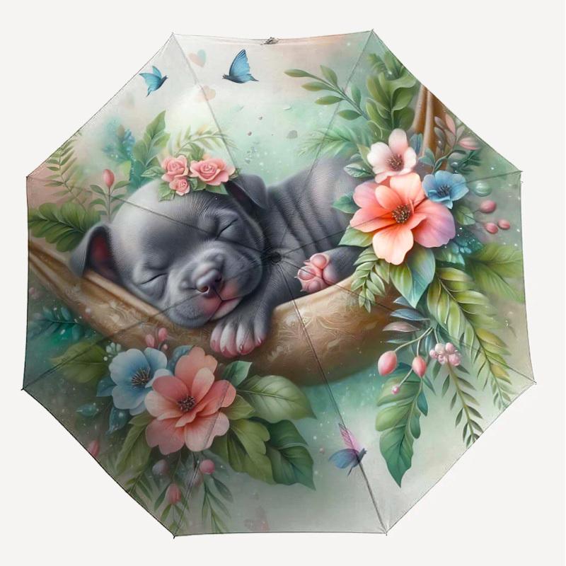 1PC Puppy Flowers Umbrella-8-Rib Reinforced, Automatic Open, Lightweight & Durable, Fashion Accessory for Outdoor-L0371